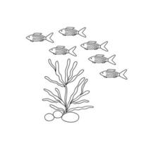 Outline underwater seaweed and swimming fish vector illustration, marine life composition for coloring page, kids leisure activity, aquarium flora cartoon image