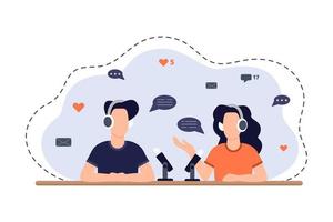 A man and a woman in headphones talking on air. Broadcast concept. Faceless style. vector