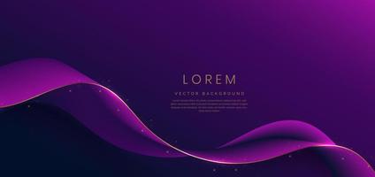 Abstract 3d gold curved purple ribbon on purple and dark blue background with lighting effect and sparkle with copy space for text. Luxury design style. vector