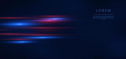 Abstract technology futuristic glowing blue and red  light lines with speed motion blur effect on dark blue background. vector