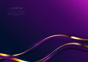 Abstract 3d gold curved purple ribbon on purple and dark blue background with lighting effect and sparkle with copy space for text. Luxury design style. Vector illustration