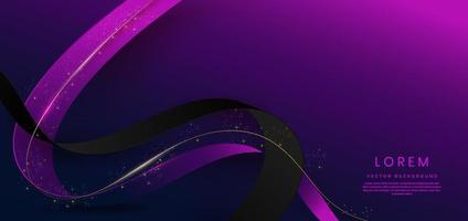 Abstract 3d gold curved purple and dark blue ribbon on dark background with lighting effect and sparkle with copy space for text. Luxury design style. vector