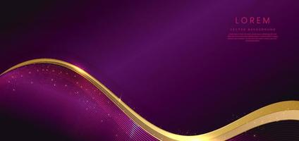 Abstract 3d gold curved ribbon on violet background with lighting effect and sparkle with copy space for text. Luxury design style. vector