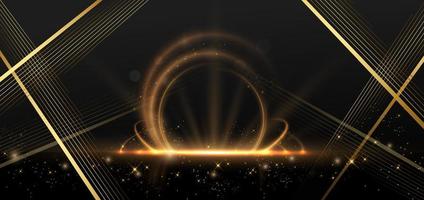 Abstract elegant golden circle with lighting effect diagonal scene sparkle on black background. Template premium award design.