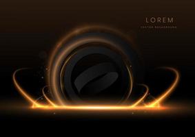 Abstract luxury golden circle glowing lines curved overlapping on black background with lighting effect sparkle. vector