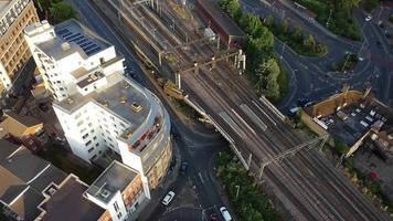 High Angle Footage of London Luton Central Town and Aerial view of Railway Station and Train on Tracks video