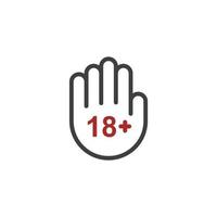 Vector sign of the Under 18 years Sign Mark symbol is isolated on a white background. Under 18 years Sign Mark icon color editable.