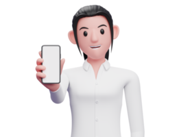 Portrait confident woman showing the phone screen to the camera, 3d render close up girl character png