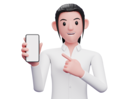 mulher de negócios de retrato apontando o celular com o dedo indicador, renderização 3d close-up personagem de menina png