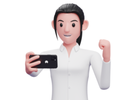 portrait fille douce regardant un téléphone portable et célébrant, rendu 3d gros plan personnage de fille png