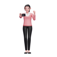 girl in sweater celebrating while looking at the phone screen, 3d render character illustration png