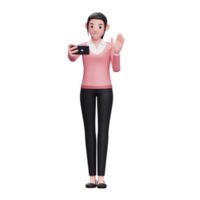 ragazza in maglione effettua videochiamate, illustrazione del carattere di rendering 3d