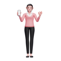 garota de suéter segurando o telefone e mostrando o dedo ok, ilustração de personagem de renderização 3d png