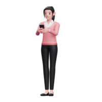 garota de camisola digitando mensagem no smartphone, 3d renderizar ilustração de personagem de menina doce png