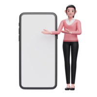 stehendes mädchen im pullover, das großes telefon mit weißem bildschirm, 3d-rendercharakterillustration präsentiert png