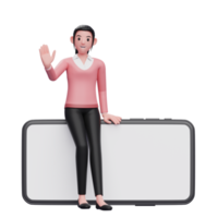 girl in sweatshirt sitting casually on a landscape phone and waving hand, 3d render character illustration png