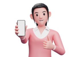 ragazza in felpa rosa che mostra lo schermo del telefono alla fotocamera con un pollice in alto, illustrazione del carattere di rendering 3d