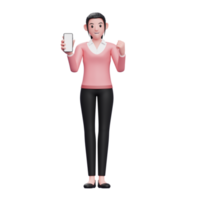 3d female wear sweater doing winning gesture with showing phone screen png