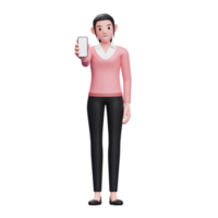 beautiful woman showing phone screen, 3D render business woman character illustration png