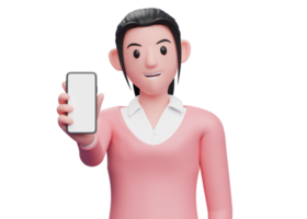 ragazza in maglione che mostra lo schermo del telefono alla fotocamera, illustrazione del carattere di rendering 3d