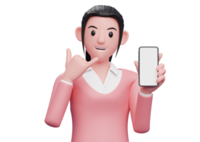 meisje in roze sweatshirt met een mobiele telefoon met het gebaar bel me teken vinger, 3d render karakter illustratie png