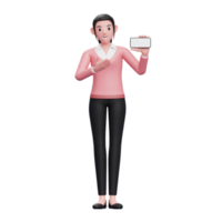 chica en suéter que presenta una pantalla de teléfono horizontal, ilustración de personaje de mujer de negocios de render 3d png