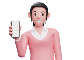 girl in pink sweatshirt holding a cellphone while tilting her body, 3d render character illustration png