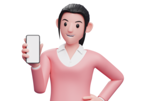 fille en sweat-shirt rose tenant et regardant un téléphone portable avec sa main gauche sur sa taille, illustration de caractère de rendu 3d png