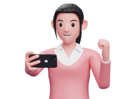 fille en sweat-shirt rose célébrant tout en regardant un téléphone portable, illustration de caractère de rendu 3d png