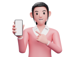 beautiful woman in sweatshirt pointing cell phone in hand, 3d render character illustration png