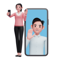 kvinna som står medan du ringer ett videosamtal med kollegor på en stor mobiltelefonskärmbakgrund png