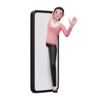 cute girl appears from the big phone screen and says hi png