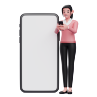 una mujer linda está escribiendo en el teléfono al lado de un teléfono grande con una pantalla blanca