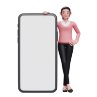 woman standing next to big phone with white screen with legs crossed and hands on waist png