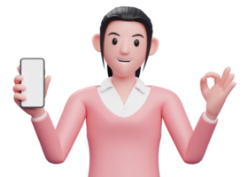 girl in pink sweatshirt holding a cell phone while giving an ok finger gesture, 3d render character illustration png