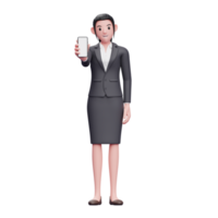 Business woman in formal suit showing phone screen, 3d render character illustration png