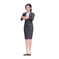 mujer de negocios en traje formal escribiendo un mensaje en el teléfono móvil, ilustración de personaje de renderizado 3d png