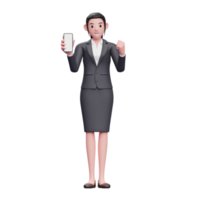 Business woman in formal suit doing winning gesture with showing phone screen, 3d render character illustration png