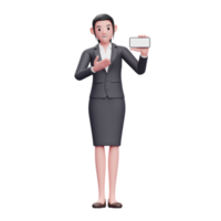Business woman in formal suit presenting with a landscape phone screen, 3d render character illustration png