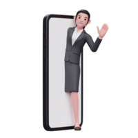 Business woman in formal suit appears from the phone screen and says hi waving hand png