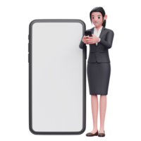 mujer de negocios en traje formal escribiendo un mensaje en el teléfono celular, ilustración de personaje de renderizado 3d