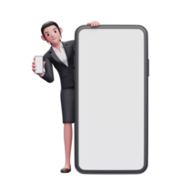 mulher de negócios em traje formal aparece por trás de um telefone grande e segurando um telefone mostrando a tela png
