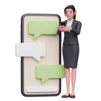 Business woman in formal suit typing on the phone beside a big phone with bubble chat ornament, 3d render character illustration png