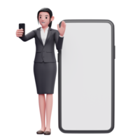 donna d'affari in abito formale che effettua una videochiamata e agitando la mano verso la fotocamera, illustrazione del carattere di rendering 3d png