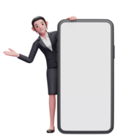 Business woman in formal suit appears from behind a big phone decoration, 3d render character illustration png