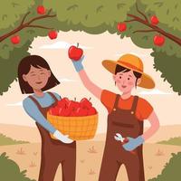recogiendo manzana del árbol con un amigo vector