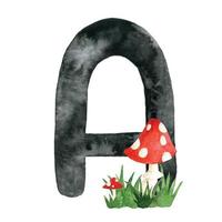 Card with alphabet letter A. cute drawing for kids alphabet, letter A and amanita. watercolor hand drawn vector