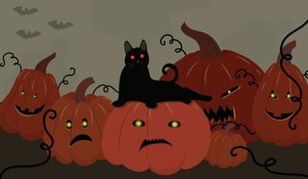 Creepy halloween background with a cat and pumpkins vector