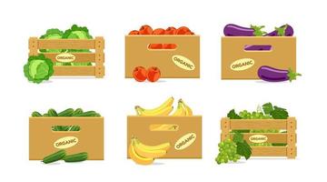 Set of boxes with fruits and vegetables. With cabbage, apples, eggplants, cucumbers, bananas, grapes. Vector illustration isolated on white background.