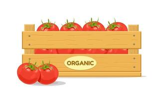 Wooden box with tomatoes. Vegetable box icon. Vector illustration isolated on white background.